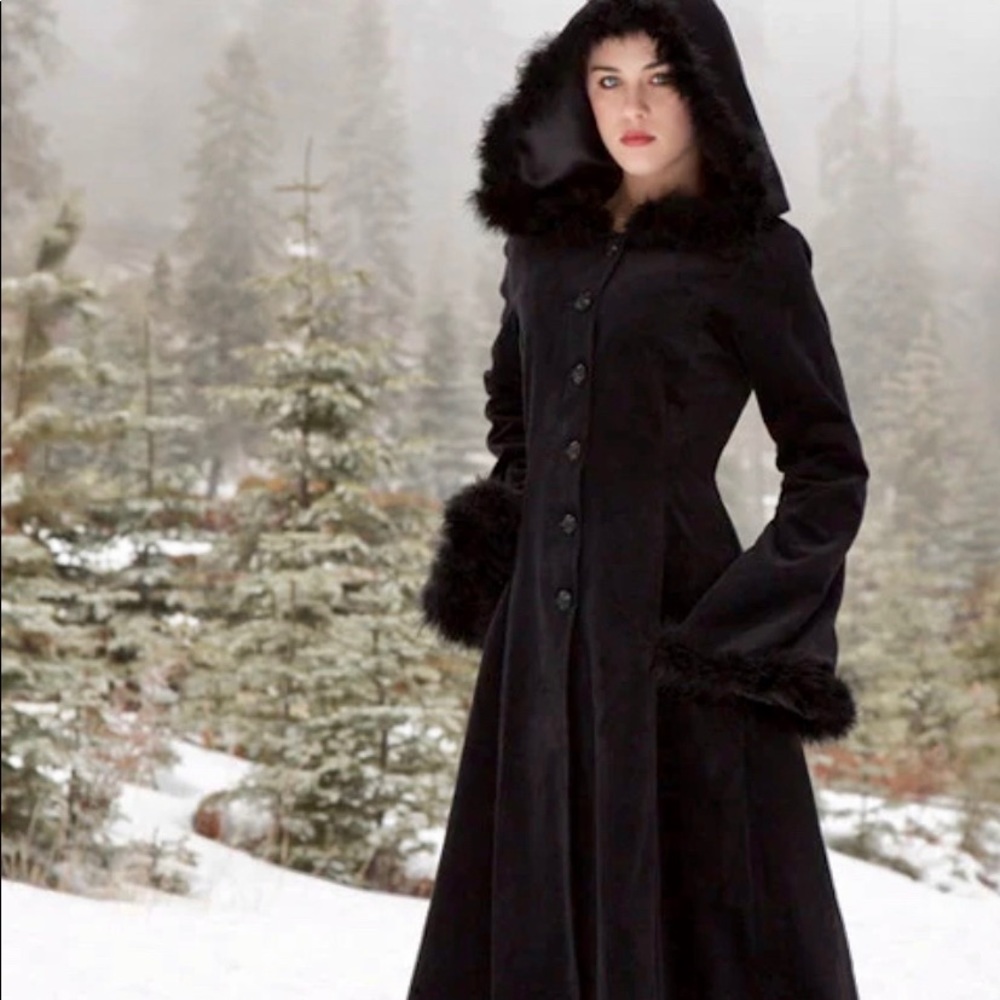 The Dark Angel soft velvet full length coat faux fur collar and cuffs M